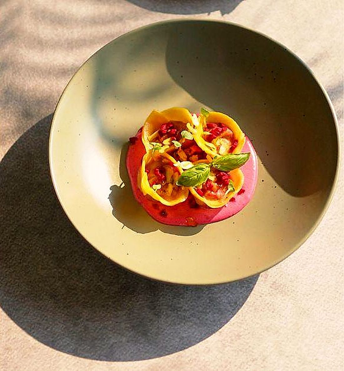 A colourful dish in a wide bowl
