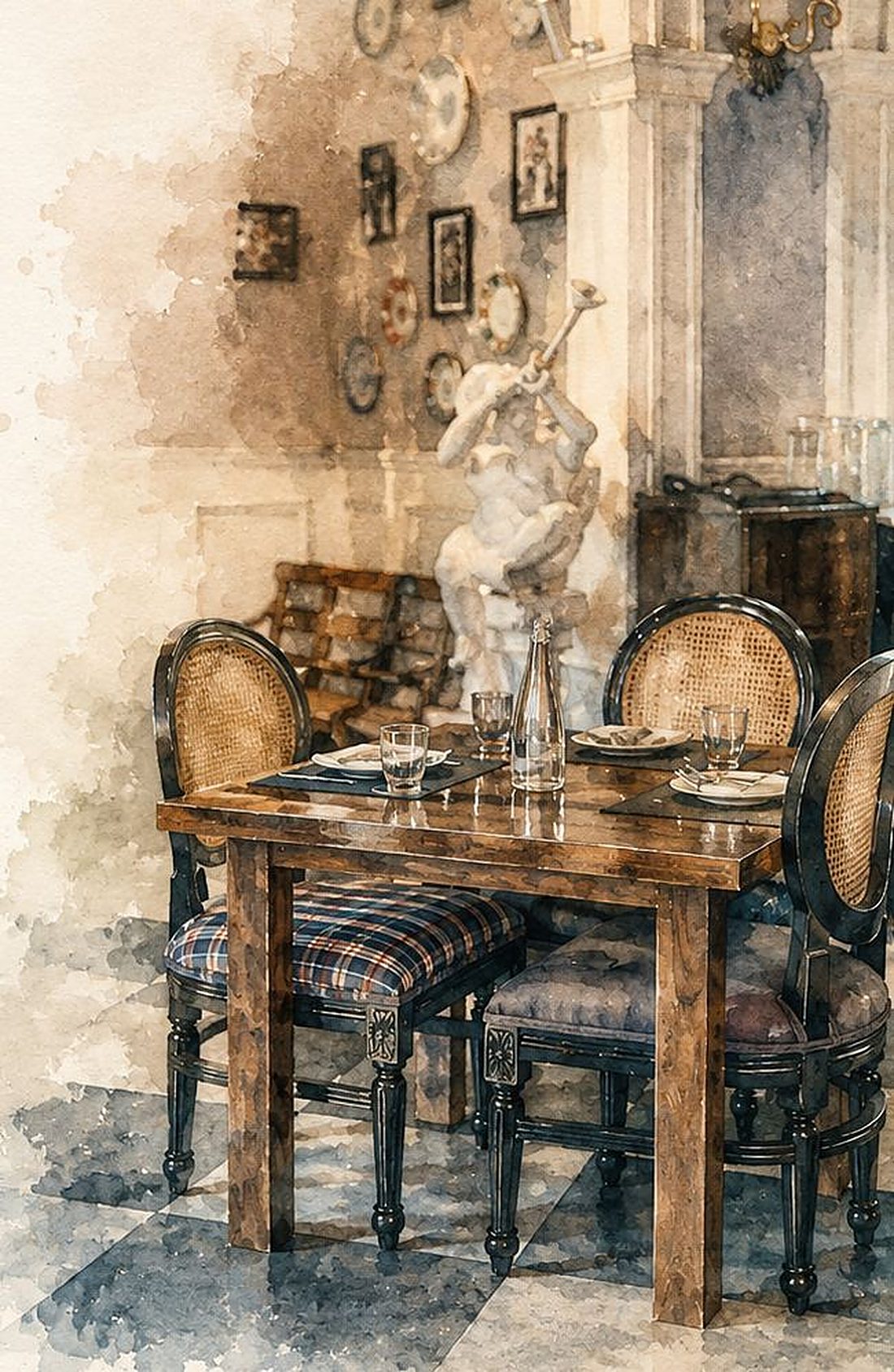 Watercolour of a wooden table laid in the dining room