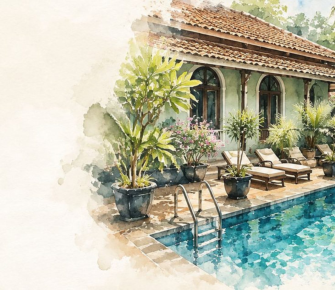 Watercolour of the house beside its pool and garden